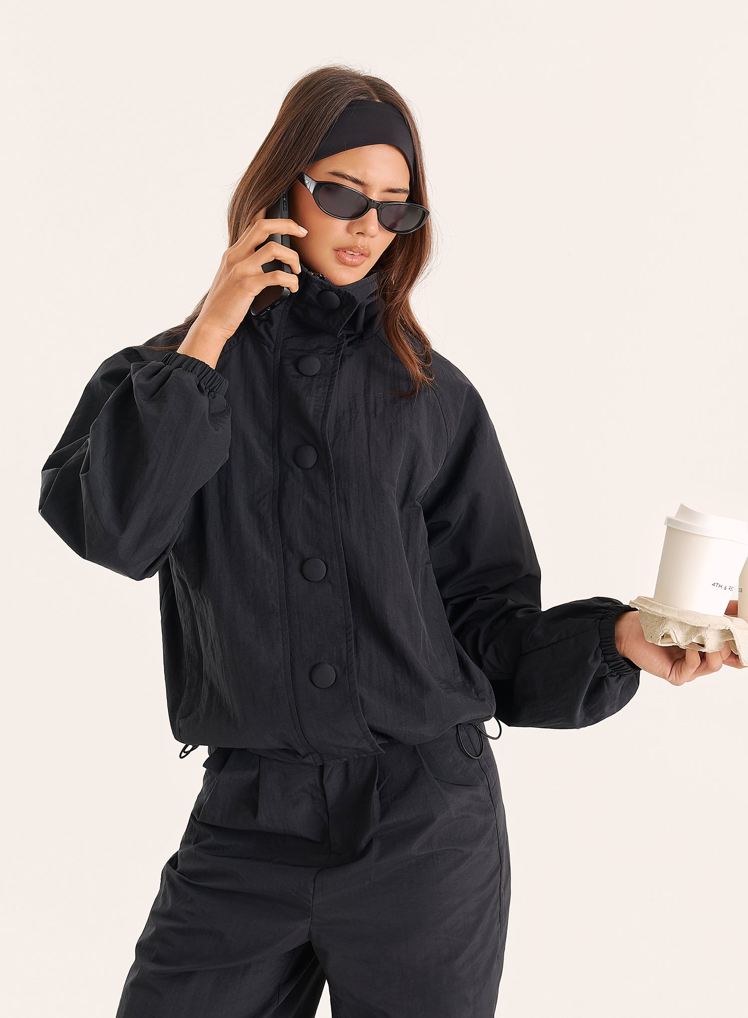 Black Funnel Neck Windbreaker Jacket